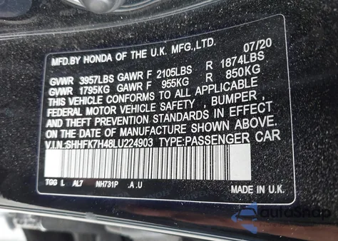 2020 Honda Civic Sport z USA, uszkodzony, nr VIN SHHFK7H48LU224903